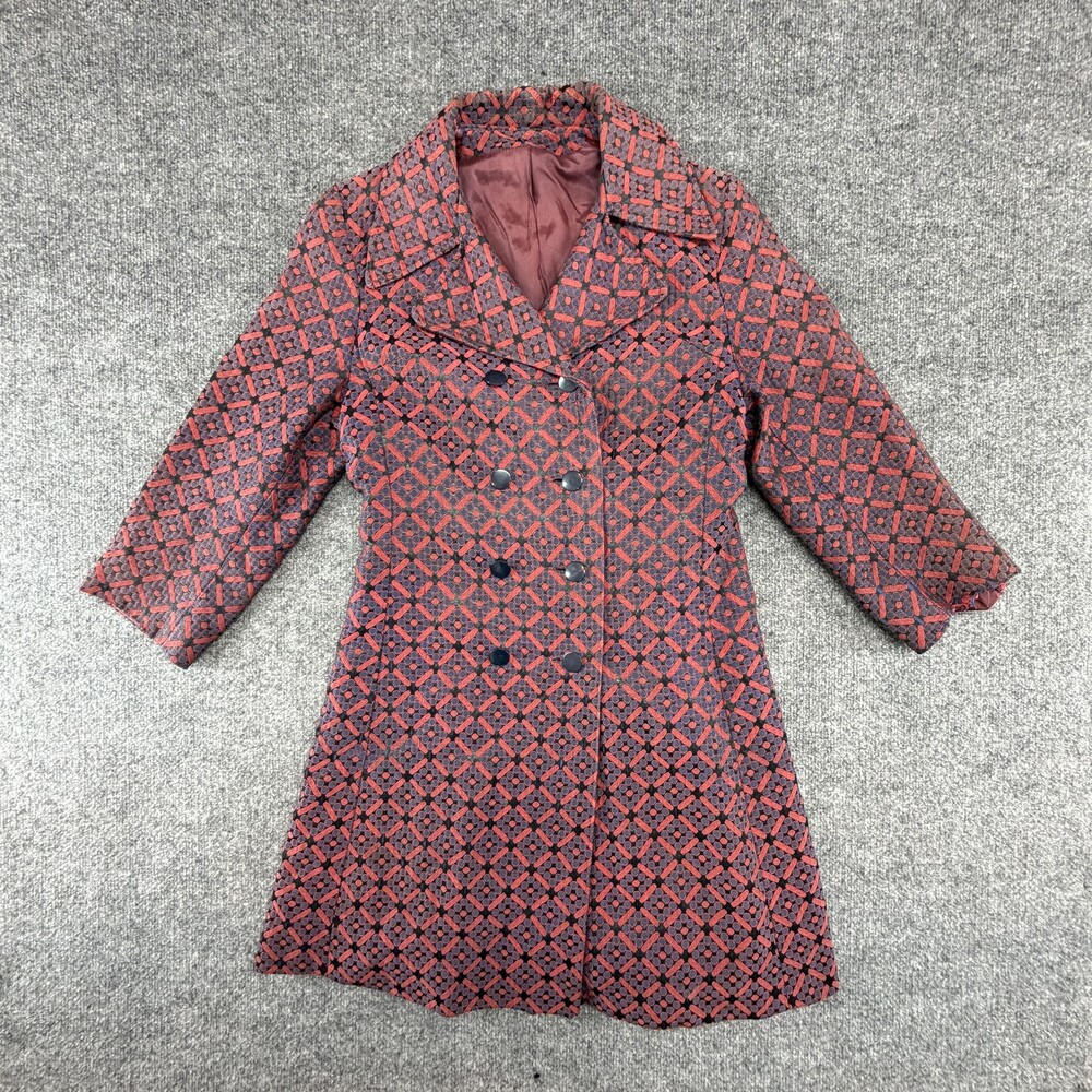 VTG Geometric Coat Womens Medium Red Blue Jacquard Double Breasted 3/4 Sleeve